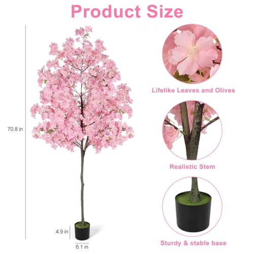 6Ft Tall Cherry Blossom Artificial Tree, Fake Tree Faux Silk Plant with Plastic Nursery Pot,Artificial Plants for Home Office Indoor Decor(Pink) - size: 6Ft