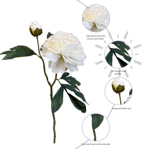 4 PCS Premium White Peonies Artificial Flowers,19.2’’Fake Faux Silk Peonies for Centerpieces Wedding Home Decor (4, White) - color: White