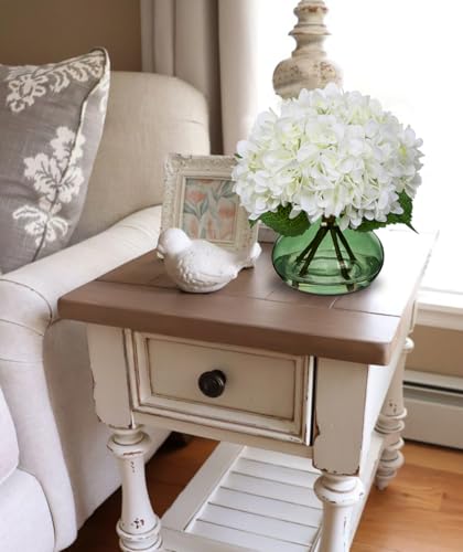 Hollyone White Hydrangeas Floral Arrangement in Glass Vase Artificial Flowers with Vase with Faux Water Silk Faux Flowers Fake Floral Bulk Bouquet for Home Decor Table Centerpiece Decorations - color: Hydrangea, White and Green