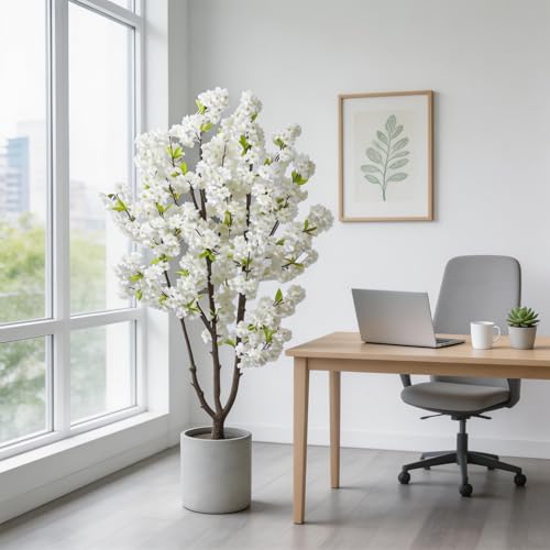 Faux White Cherry Blossoms Tree 6FT Flowering Tree Artificial Cherry Blossom Tree for Bedroom Home Christmas New Year Decor - color: White-ap23