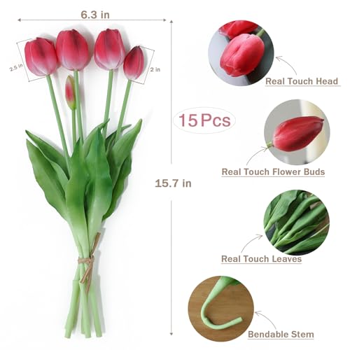 mizii 15Pcs Red Tulips Artificial Flowers Latex Plastic Real Touch Fake Tulips Flowers Look Real Faux Tulip Flower Bouquet Decoration for Vase Room Table Centerpieces Home Decor (Red) - color: Red