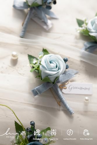 Ling's Moment Boutonniere for Men, 6pcs Groom Groomsmen Boutonniere with Built-in Pins, Artificial Flowers for Wedding Decor/Prom/Homecoming, etc.Dusty Blue Light Blue - color: Blu-dusty Blue & Light Blue