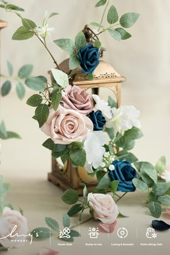 Ling's moment 6Pack 1.8ft Navy Blue Artificial Flowers Garland Dusty Rose Lantern Flower Arch Floral Centerpieces Wedding Aisle Chair Flowers for Signs Table Cake Decoration（not Including Lanterns） - color: Pk-dusty Rose & Navy