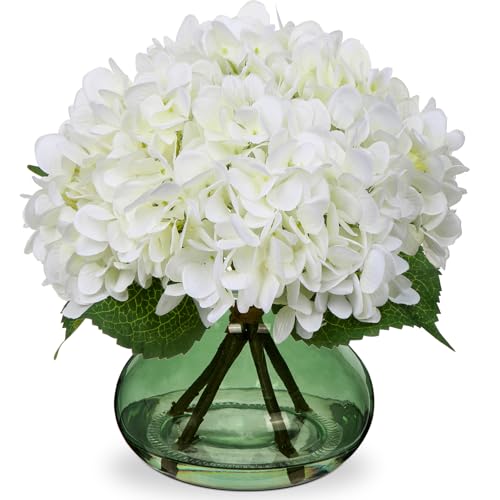 Hollyone White Hydrangeas Floral Arrangement in Glass Vase Artificial Flowers with Vase with Faux Water Silk Faux Flowers Fake Floral Bulk Bouquet for Home Decor Table Centerpiece Decorations - color: Hydrangea, White and Green