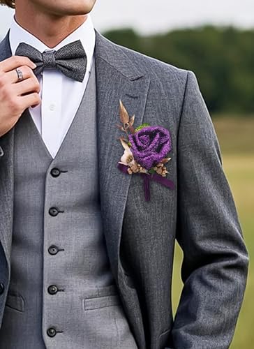 Purple Rose Boutonniere and Corsage Set - 2 Pcs Artificial Flowers Wrist Corsage and Boutonniere Kit for Men Wedding Prom Party, Anniversary Ceremony - color: Purple