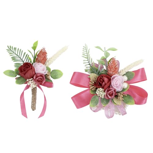 Blush Hot Pink Corsage and Boutonniere Set Wrist Corsage Wristlet for Prom Groom Flower Boutonniere for Men Wedding Party Homecoming Accessories Suit - color: Blush Hot Pink