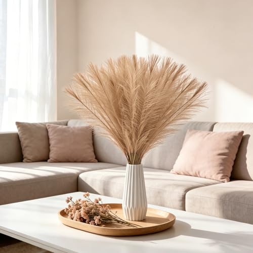 50pcs Khaki Pampas Grass 21.6 Inch Non-Shedding Faux Pampas for Earthy Neutral Home, Boho Weddings and Olive Tone Vase Arrangements - color: Khaki