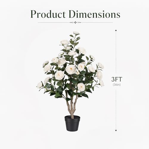 3FT Artificial Camellia Tree 2 Pack, UV Resistant Faux Camellia Plants with Realistic White Flowers, Tall Fake Potted Trees for Front Porch Patio Garden Home Decor, Indoor Outdoor - color: Camellia Tree White