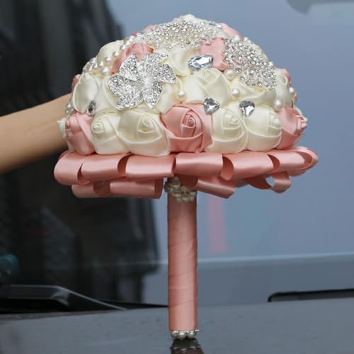 Brooch Wedding Bouquet with Bling Silver Rhinestone Pearl Satin Rose Quinceanera Flower Bouquet Blush Pink and Ivory Bridal Wedding Bouquet for Bride Bridesmaid 9.5in - color: Blush & Ivory, size: Diameter: 9.5 inches