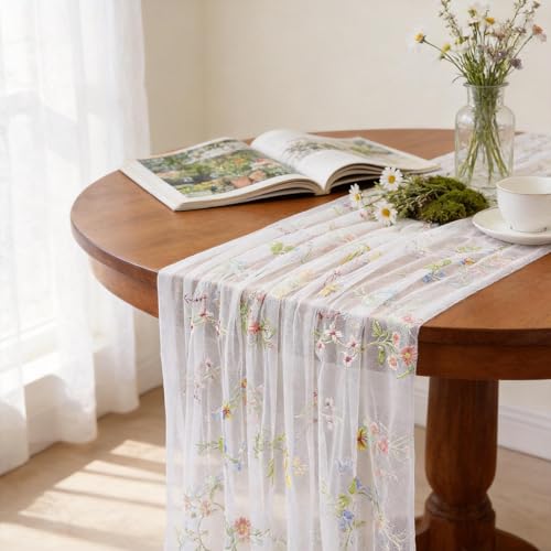 White Floral Table Runner 10ft Embroidery Tulle Spring Wildflower Table Runner Seasonal Summer Butterfly Kitchen Dining Gauze Decoration for Baby Shower Wedding Party Birthday (1 Pcs) - color: White