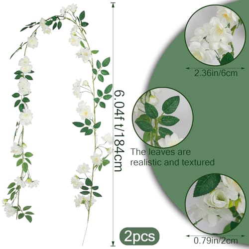 2 Pcs Artificial Flowers Garland for Outdoors White Faux Gardenia Garland 12Ft Silk Rose Hanging Vines Floral for Wedding Arch Party Wall Garden Ceremony Backdrop Fence Spring Decor - color: White