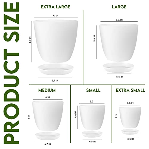 Utopia Home Plant Pots Indoor with Drainage Holes – Set of 5 White Plastic Flower Pots (7/6.6/6/5.3/4.8 Inch) – Modern Planters for Indoor Plants, Room & Office Décor, Great Stocking Stuffers - color: White, size: Pack of 5