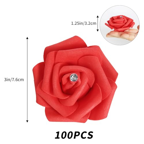 IPOPU 100pcs Red Foam Rose Artificial Flower Bulk with Crystal 3in Real Looking Stemless Fake Roses for DIY Craft Wedding Bouquets Wall Decoration Bridal Shower Arrangement Home Decorations(Red) - color: Red With Crystal