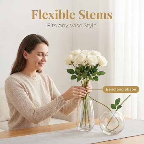 55 Pcs Ivory Roses Artificial Flowers Bulk, Artificial Roses Fake Flowers with Adjustable Stems, Soft Foam Roses for DIY Wedding Bouquets, Bridal Shower Centerpieces, Home Party Decor - color: Ivory