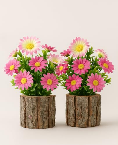 AceList Artificial Flowers Set of 2 - Rustic Farmhouse Decor for Bathroom Shelf, Office Desk Small Faux Daisy Potted Plants with Real Wood Bark Texture Centerpiece & Gifts for Women - color: Pink