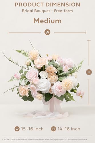 Ling's moment Blush Pink Bridal Bouquet Cascading, Coral Wedding Bouquets for Bride, 15 Inch Free Form Artificial Wedding Flower Bouquet - color: Pk-blush & Cream, size: Medium 15 Inch