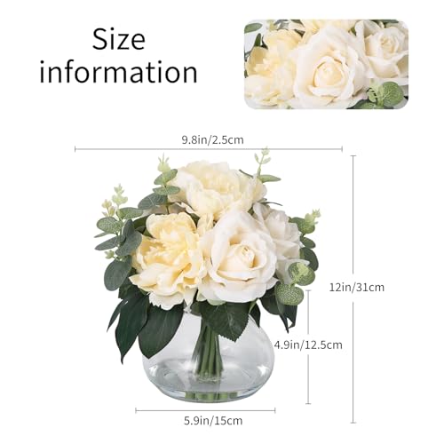Lifelike Artificial Flower Arrangements with 4 Roses + 4 Peonies in Glass Vase with Faux Water for Wedding & Home Table Centerpieces - color: Peony & Rose With Faux Water, size: Champagne