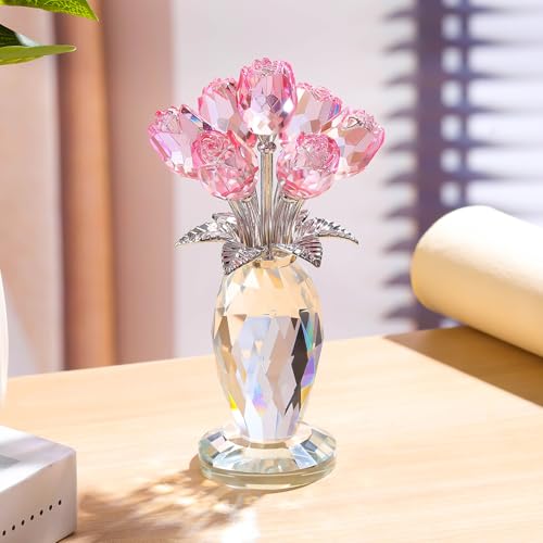 Ornalrist Crystal Pink Rose Flower Figurines - Glass Rose Bouquet Gifts for Women Mom Wife Girlfriend on Valentines Christmas Mothers Day Wedding Party - color: Pink