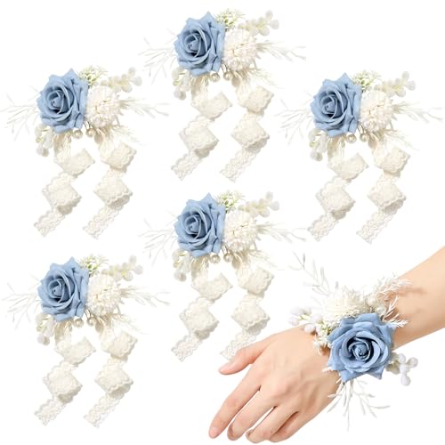 Serwalin 6 PCS Blue Wrist Corsage for Wedding, Corsages Wristlet for Bridesmaid Mother Grandmother Girl, Artificial Flowers for Prom Ceremony Homecoming Anniversary - color: Blue, size: Corsage 6pcs