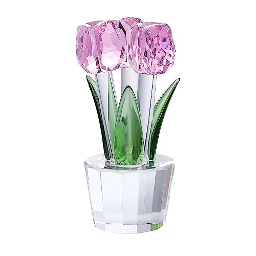 Qianwei Crystal Tulips Flowers Figurine Pink with Vase - Glass Flower Bouquet Collectible Figurines Crystal Office Home Decor Paperweight - Tulip Gifts for Women Mom Bestfriend Wedding Anniversary - color: Pink Tulip