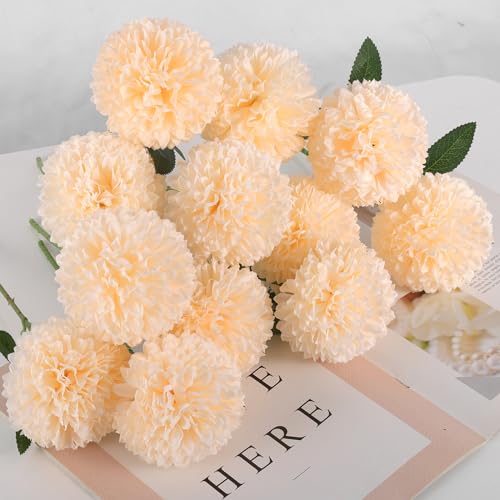 Hananona 12 Pcs Artificial Chrysanthemums Flowers Ball Flowers, Fake Mums Silk Plants for Home Decor Indoor Floral Arrangement Table Centerpiece (12, Champagne) - color: Champagne