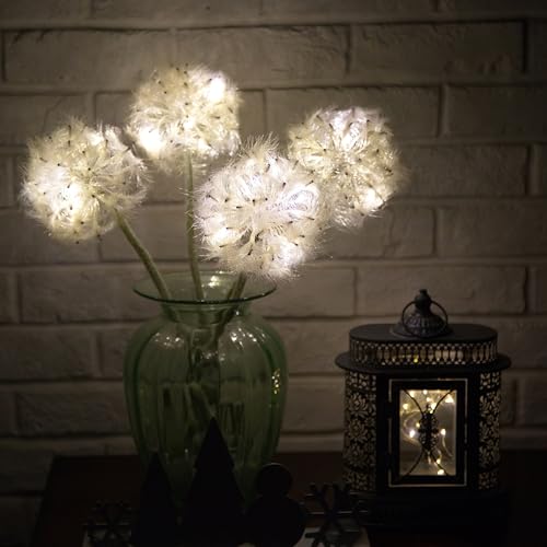 TOPIA Artificial Dandelion Flowers with LED Lights with Timer Faux Dandelion Wish Flowers for Christmas Decoration Home Decoration (4 Pcs) - color: White Led, size: 4