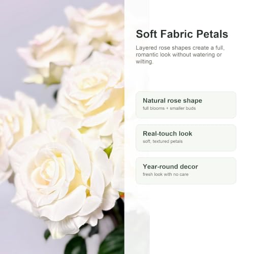 6 Stems Real Touch Artificial White Roses, 22.5in Long Stem Faux Silk Rose Bouquet with 4in Blooms and 3in Buds, White Fake Roses for Wedding Bouquets, Centerpieces, Vase and Home Decor - color: White