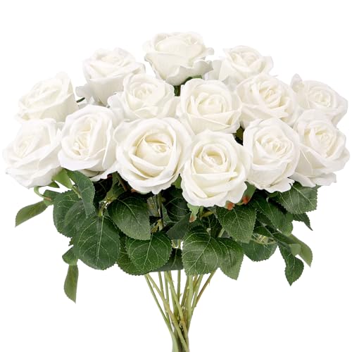 Auihiay 14PCS White Roses Artificial Flowers, Velvet Silk Faux Roses with Long Stems for Mother's Day, Wedding Centerpieces, Anniversary, Party, Home Decoration & DIY Floral Arrangement - color: White