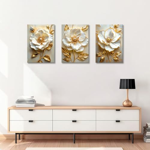 Modern White Floral Golden Leaves Canvas Wall Art Set, Neutral 3d Textured Flowers Wall Painting Pictures Boho Beige Blossom Wall Decor Posters Print Artwork for Bedroom Living Room Office 20x28x3Pcs - color: Flower-golden leaf, size: 20"x28"x3Pcs