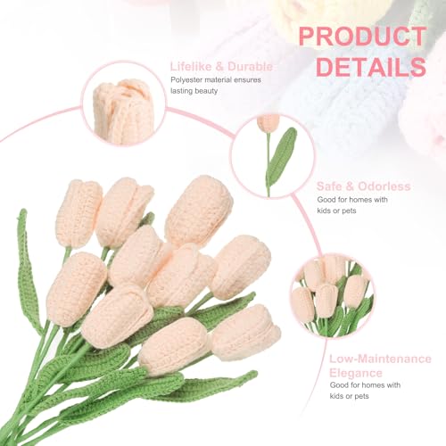 MECCANIXITY Tulip Crochet Flowers, Artificial Knitted Tulip Flower Completed Handmade Tulips Bouquet for Gift Home Birthday Wedding Decoration, Skin Color Pack of 10 - color: Skin Color