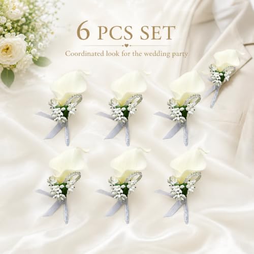 ChezMax Calla Lily White Boutonniere Handmade Silk Flower with Ribbon Corsage for Bride Groom Wedding Party 6 Packs - color: B-white Boutonniere-6 Pcs