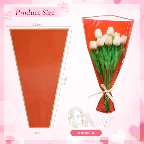 Wzifyf 50 PACK Flower Bags for Bouquets Flower Bouquet Holders Red Floral Wrapping Paper flower Sleeves Build Your Own Bouquet Bar with 72 Ft Ribbons for Valentine's Day Packaging Supplies - color: Red, size: bouquet wrap