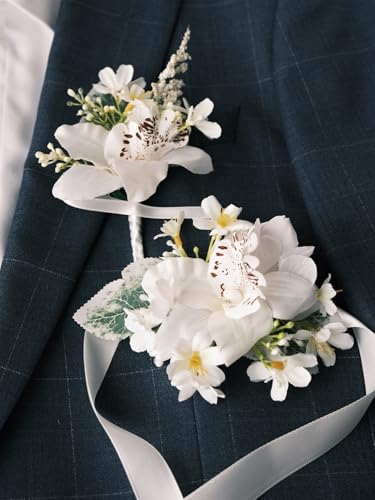 White Rose Wrist Corsage and Boutonniere Set with Ribbon Ties Wedding Prom Formal Accessories (White Style 3) - color: White Style 3