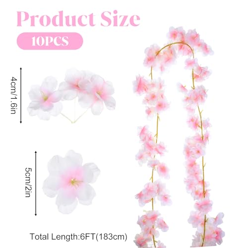 10 Pack 60 FT Cherry Blossom Flowers, Artificial Cherry Blossom Branches, Light Pink Faux Sakura Flowers Vines for Wedding Arch, Party Decor, Home & Office Spring Summer Decoration