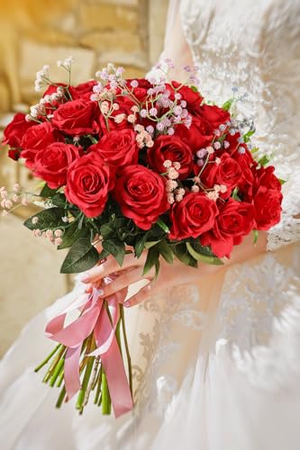 Luyue 10PCS Artificial Roses Flower with Stems Slik Fake Flowers Bouquet Realistic Long Stem Faux Rose for Valentines Day Wedding Home Decor - color: A-red