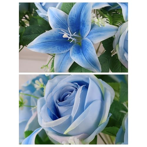 2 Set Artificial Cemetery Flowers with Grave Vase-2 Bunches Lilies & Rose Mixed Blue Silk Memorial Flowers-2 Cemetry Vase with Foam for Outdoor Headstones Gravesite Graveyard Decorations - color: Blue