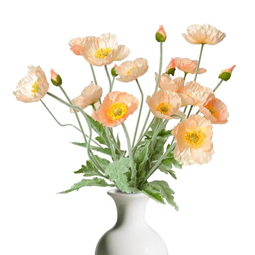 Artificial Poppy Flowers, 5 Bundles Faux Poppies with Stems for Floral Arrangements - Wedding, Home, Office, Party Table Centerpiece Decor (Light Peach) - color: Light Peach