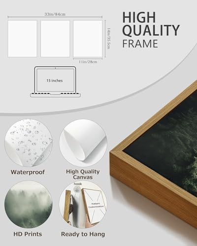PHOPAGO Green Fog Pine Tree Framed Wall Art Nature Misty Nordic Forests Artwork Morden Paints for Kitchen Hallway Decor - 11x14in Natural Framed - color: Green Pine Forest, size: 14L" x 11W" x 3 Pcs Natural