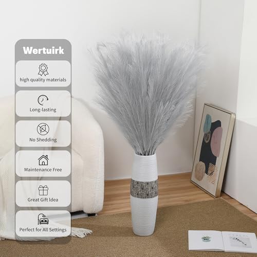 Wertuirk Silver Pampas Grass Decor, 8 Pcs 45 Inch Tall Large Faux Pompous Grass, Long Artificial Flowers for Floor Vases, Wedding Centerpieces, Baby Shower and Home Decoration (Silver) - color: Silver