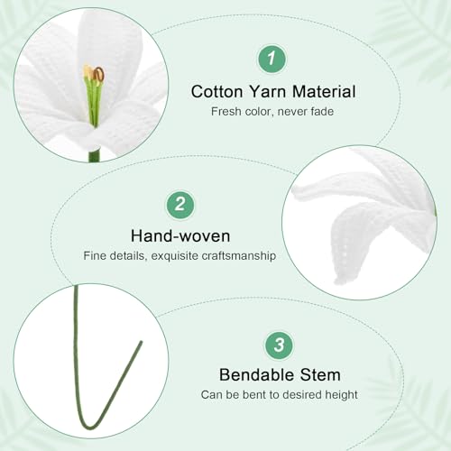 M METERXITY 1-Pack Crochet Flowers, Knitted Artificial Wool Lily for Mother's Day/Wedding/Birthday/DIY Decor, Handmade Knitted Flowers [White] - color: White