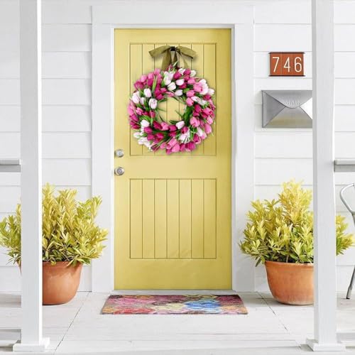 U'Artlines 20 Inch Tulip Wreath for Front Door, Spring Summer Silk Wreath with Green Leaves Artificial Tulip Flower Wreaths for All Seasons Window Wall Wedding Valentines Day Decor - color: Pink, size: 20 Inch
