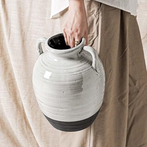 Large White Ceramic Vase - 11.3 Inch Rustic Farmhouse Vase with Handles for Home Decor, Vintage Tall Vases for Living Room, Table, Bathroom, Holiday & Weddings (Aurora White) - color: 11.3 Inch-aurora White