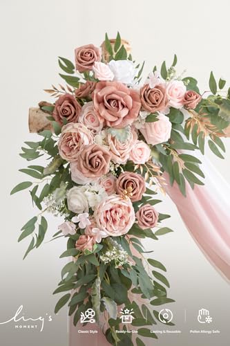 Ling's moment Pink Artificial Wedding Arch Flowers Kit Pack of 4, 2pcs Hanging Flower Arrangement 2pcs Chiffon Drapes Ceremony Reception Spring Silk Rose Arbor Backdrop Floral Garden Outdoor Decor - color: Pk-dusty Rose & Cream