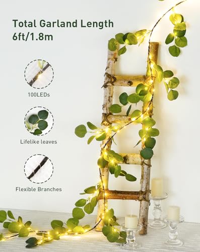 JMEXSUSS Artificial Eucalyptus Garland with Lights, 6FT Lighted Spring Garland Battery Operated with Timer for Mantel Fireplace Wedding Spring Valentine Decoration - color: Eucalyptus