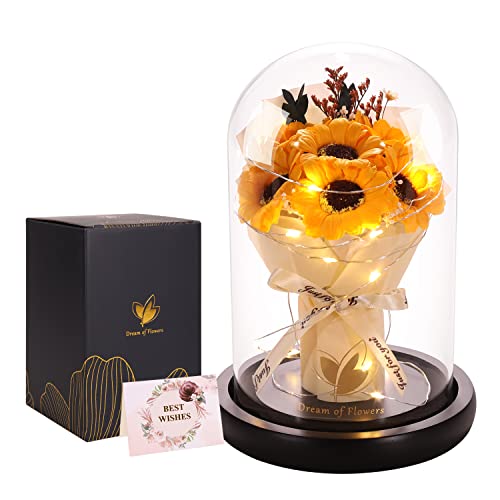 Rose Gift for Mom, Sunflower Gift for Mom-Preserved Artificial Rose Flower Gifts for Women Friends Sunflower Gifts for Wife,Light Up Rose in Glass Dome-Thankgiving Birthday Valentine Anniversary - color: Yellow
