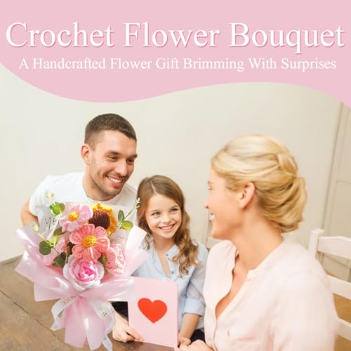 Crochet Flowers Bouquet, Handmade Crochet Rose Bouquet Pink,Knitted Flowers,Crochet Roses & Sunflower & Daisys for Home Decor,Birthday,Valentine's Day - color: Pink - Rose Sunflower Daisy