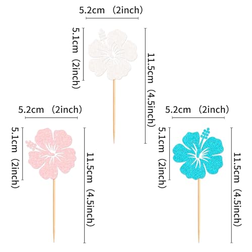 24Pcs Hawaii Flower Cupcake Toppers Pink White Blue Hibiscus Flowers Cupcake Picks for Hawaii Flowers Baby Shower Girls Birthday Bridal Shower Wedding Summer Holiday Party Decorations - color: Hibiscus
