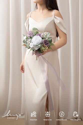 Ling's moment Artificial Bridesmaid Bouquets Set of 6 Purple Wedding Flower Bouquets White Rose Floral Bouquet Lilac Bridal Bouquets with Ribbon Ceremony,Anniversary,7-inch Diameter - color: Pr-lilac & Cream