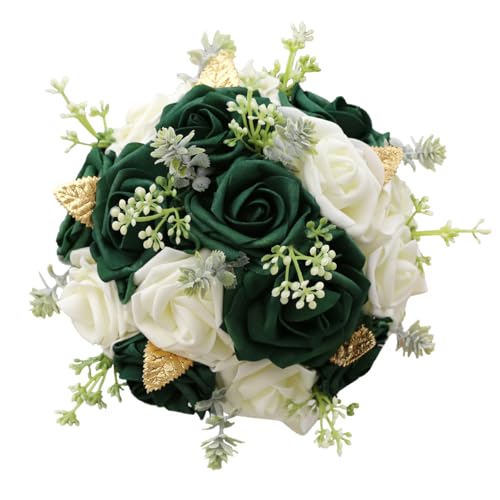 Round Green Artificial PE Rose Bouquet with Pearls for Bridal Toss and Bridesmaids Suit for Wedding Party - color: Green Leaves