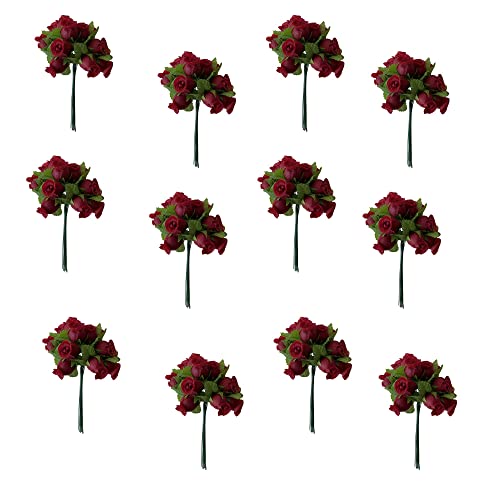 GiftWrap Etc. Burgundy Artificial Silk Flower Roses - 12 Mini Bouquets of 12 Rosebuds, 144 Rosebuds Total, Valentine's Day Decor, Wedding, Reception, Anniversary, Favors, Wreath, Bridal Shower, DIY - color: Burgundy